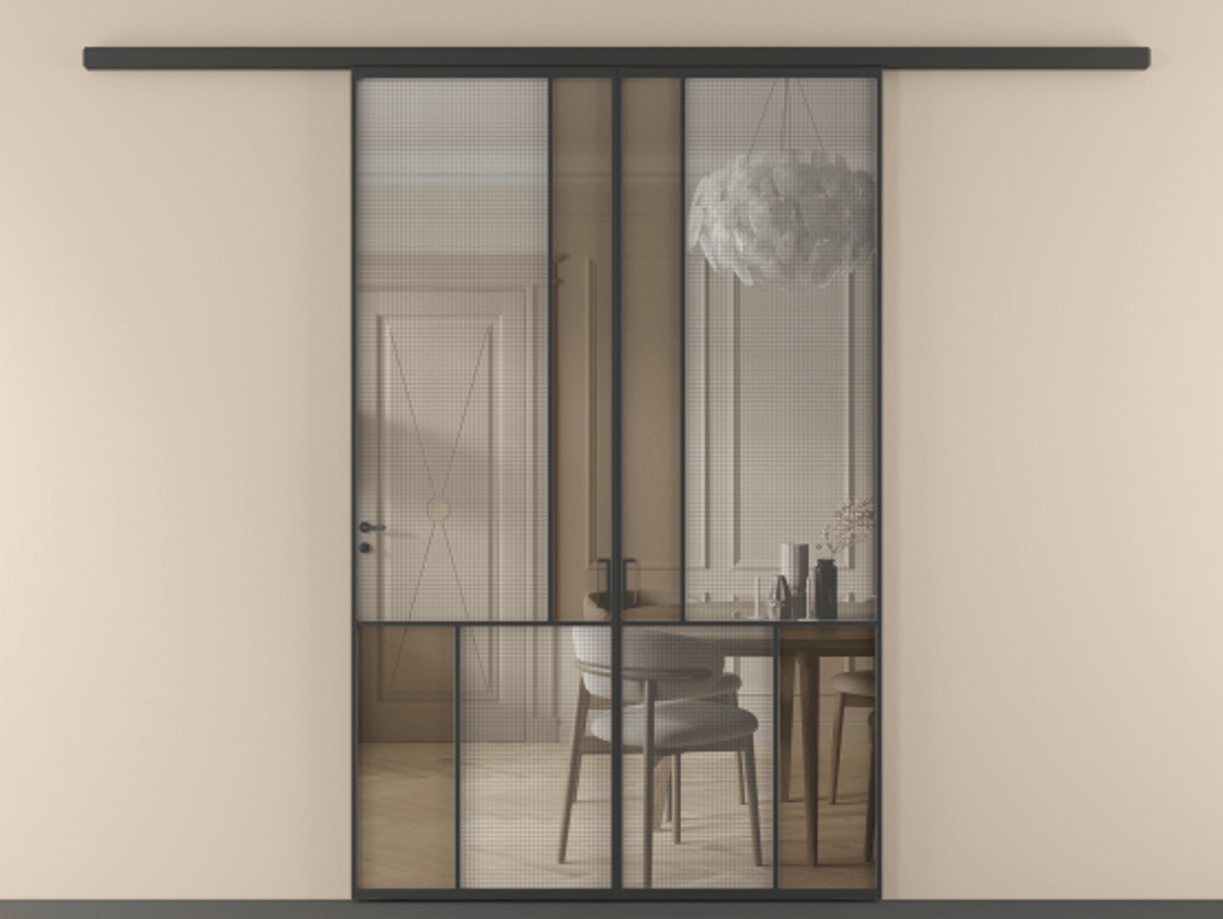 Перегородка Mosaic вдоль стены двустворчатая АЛПР 041.20 Алюминий Черный Mesh silver + Бронза прозрачное триплекс Цена 51066680 so'm | Volhovec
